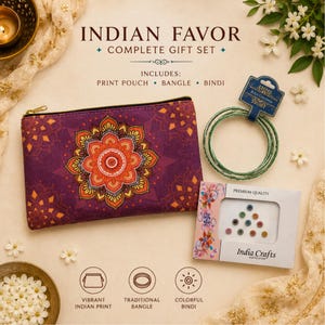 May include: A gift set featuring a purple zippered pouch with an orange and yellow mandala print, a set of green glittery bangles on a blue tag, and a pack of multicolored adhesive bindis labeled India Crafts, all displayed with floral accents.