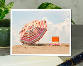 Plum Island Beach Greeting Card, Striped Umbrella Photo, Blank Note Card