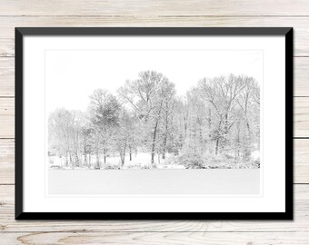 Winter Lakeside Snow Photography Printable, Black and White (Digital Download)