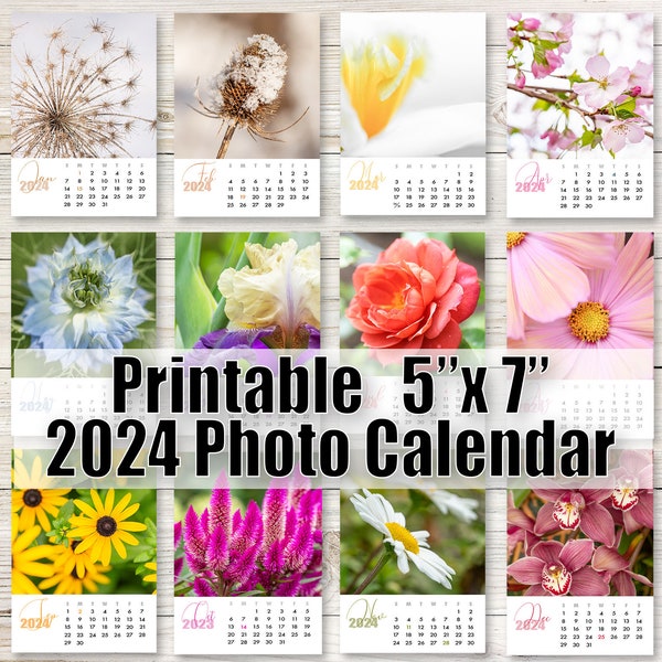 Printable 2024 Flower Desk Calendar (5x7), Mini Calendar, Floral Calendar 2024, Printable Calendar, Mini Calendar, At-a-Glance Calendar