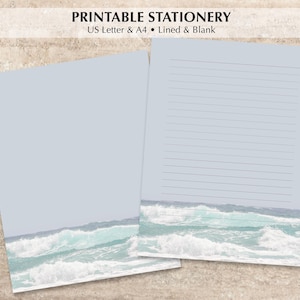 May include: Printable stationery featuring a light blue background with a crashing ocean wave graphic at the bottom. The set includes both lined and blank sheets, labeled as PRINTABLE STATIONERY US Letter & A4 • Lined & Blank.