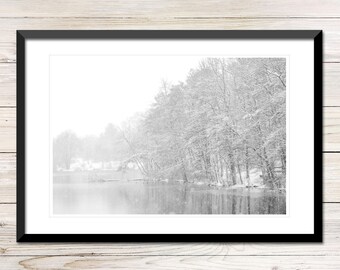 Winter Lake Snow Scene Photography Printable, Black and White (Digital Download)