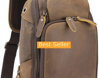 Shoulder Bag Leather Briefcase Brown Leather Briefcase Sling Men’s Travel/Hiking Daypack with Full Grain Italian Leather and YKK Zippers