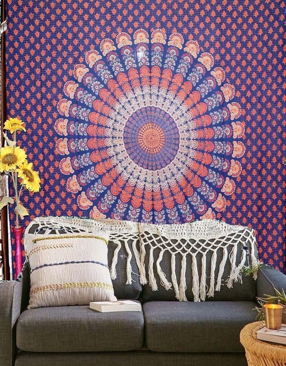 Indian Blue Mandala Tapestries Psychedelic Throw Bedspread Vintage Wall Hanging 