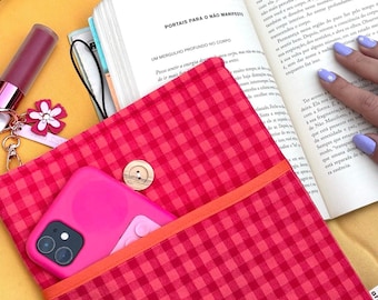 Funda de libro Vichy Seersucker roja y rosa con bolsillo frontal, Funda literaria, Club de lectura, Regalo para mamá, Protector Ipad 11''