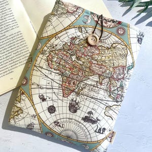 World Map Book Sleeve: Padded Cotton Book Protector with Button Closure