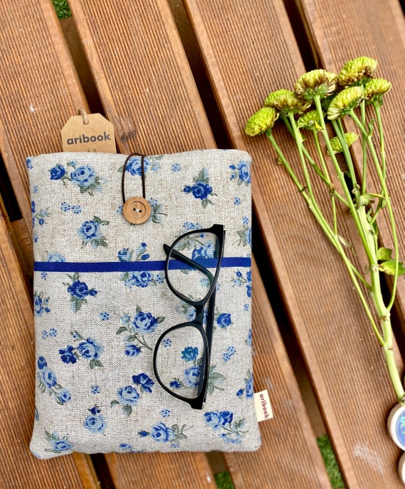 Funda libro acolchada con bolsillo exterior con flores azules denim,  accesorios para libros, regalo para ella, regalo de lectura de calidad -   México