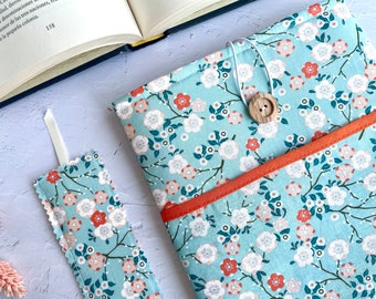 Spring Book Cover for Paperbacks and Hardcover Books - Floral Blue Padded Book Sleeve With Pocket - Protective Book Cover for Literary Gifts