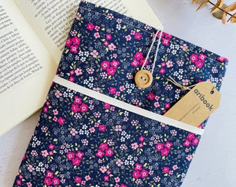 Fabric Book Cover with Closure, Pink Flowers Book Sleeve with pocket & Bookmark, Bookish Accessories, Padded Book Pouch, Mother's gift,