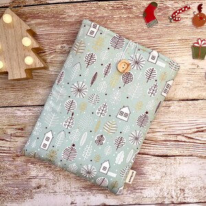 Winter Village Book Sleeve, Christmas Book Cover with closure, Padded Book Case, Fabric Ipad Sleeve with Gold Glitter, Padded Tablet Cover