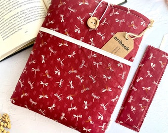 Handmade Dragonfly Pattern Book Sleeve - Burgundy Fabric Book Cover with pocket - Booklover Gift - Bookmark