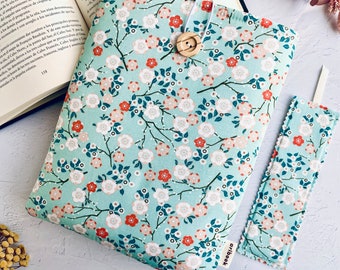 Handmade Fabric Book Cover with Blue Sky and Flowered Spring Design - Book Sleeve Protector For Her- Bookish Gift