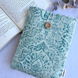 Handmade Book Holder Green Indian Pattern Bookmark, Fabric Book Cover, Book Sleeve, Book Nerd Gift, Bookish Item, Padded Book Bag Book Lover image 1