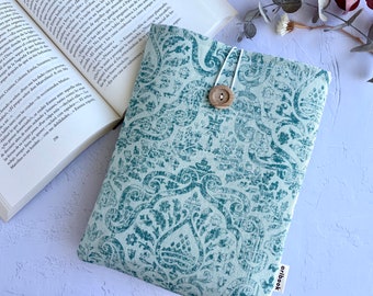 Handmade Book Holder Green Indian Pattern Bookmark, Fabric Book Cover, Book Sleeve, Book Nerd Gift, Bookish Item, Padded Book Bag Book Lover