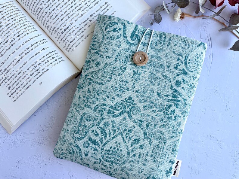 Handmade Book Holder Green Indian Pattern Bookmark, Fabric Book Cover, Book Sleeve, Book Nerd Gift, Bookish Item, Padded Book Bag Book Lover image 1