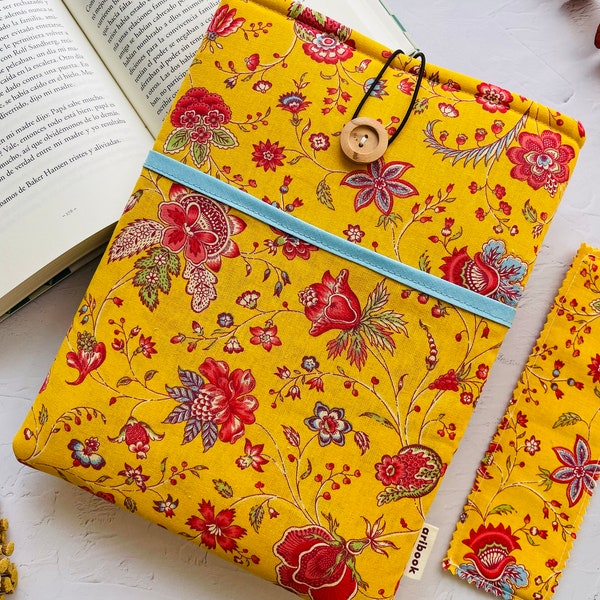 Yellow Floral Fabric Book Cover with Pocket, Book Protector Sleeve & Bookmark, Bookish Accessories, Padded Book Pouch, Gift for Bibliophile