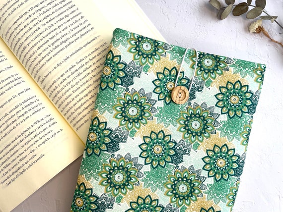 Funda libro verde con mandalas, Bolsa literaria con cierre de cordón  elástico y botón de madera natural tela flores verdes bosque tropical -   México
