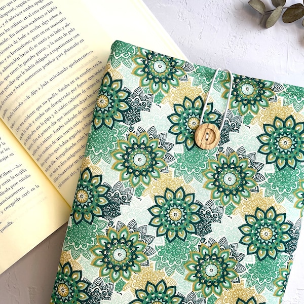 Funda libro verde con mandalas, Bolsa literaria con cierre de cordón elástico y botón de madera natural tela flores verdes bosque tropical