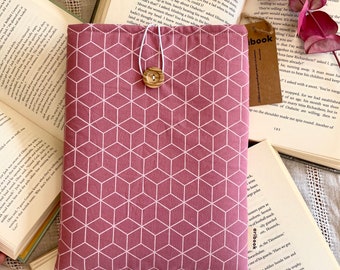 Pink book sleeve, Geometric print book pouch, Padded book case with wood button closure, Reader gift for her, Bookish gift for booklovers