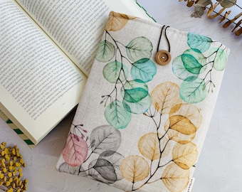 Leaves Book Sleeve: Padded Cotton Book Protector with Button Closure