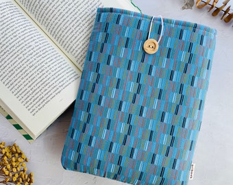 Bookworm Padded Book Sleeve for Books Ipad, Librarian Gift, Handmade Turquoise Blue Book cover with Colored Striped Pattern for Summer