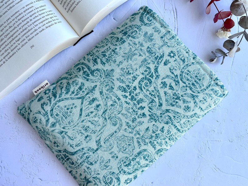 Handmade Book Holder Green Indian Pattern Bookmark, Fabric Book Cover, Book Sleeve, Book Nerd Gift, Bookish Item, Padded Book Bag Book Lover image 2