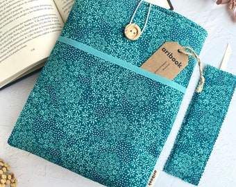 Funda libro tela floral turquesa con bolsillo exterior acolchada para proteger tus lecturas, protector libro agenda bullet journal para ella