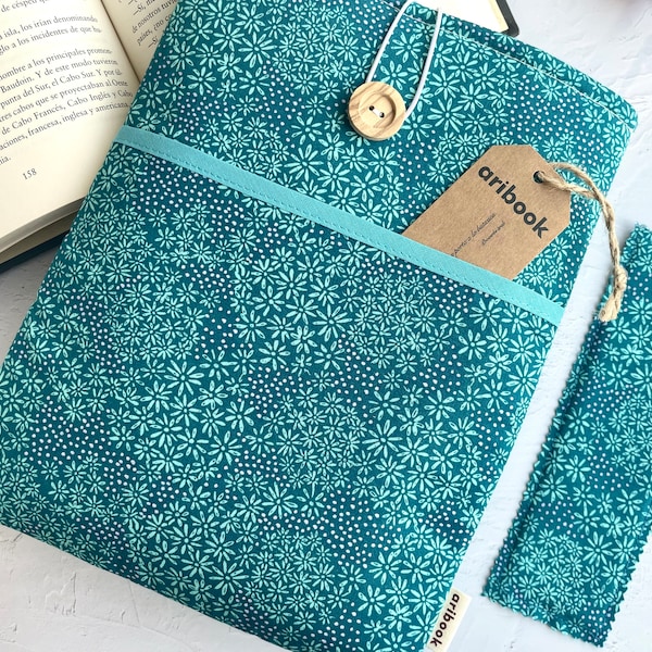 Funda libro tela floral turquesa con bolsillo exterior acolchada para proteger tus lecturas, protector libro agenda bullet journal para ella