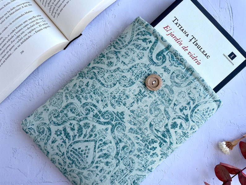 Handmade Book Holder Green Indian Pattern Bookmark, Fabric Book Cover, Book Sleeve, Book Nerd Gift, Bookish Item, Padded Book Bag Book Lover image 5