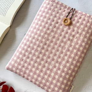 Light Pink Gingham Cover with front pocket, Gift for mom, Case for Tablet, Ipad Sleeve for her, Seersucker Book Cover for Book Lovers,