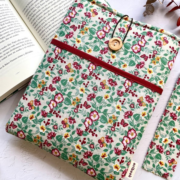 Floral Book Sleeve for her, Bookish Gift for Chritsmas, Book Accessories, Padded Book Bag with Pocket and Bookmark, Book Lover Gift