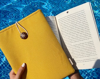 Waterproof book sleeve, Protector for book, Mustard print book cover, Perfect for protecting books at the beach and at the pool, Book pouch