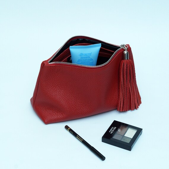 Leather Makeup Bag Leather Cosmetic Bag Red Makeup Bag Red Etsy