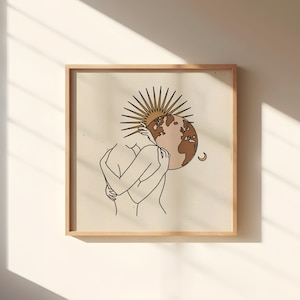 K&ouml;nnte beinhalten: Linienkunst-Druck von zwei Figuren, die sich umarmen, mit einer stilisierten Sonne und einem Globus dahinter. Der Globus ist braun und beige, mit einer Mondsichel an der Seite.