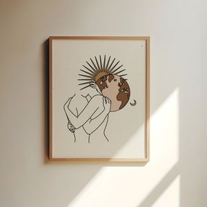 K&ouml;nnte beinhalten: Linienkunst-Druck von zwei Figuren, die sich umarmen, mit einer stilisierten Sonne und Erde dahinter. Die Erde ist braun und rosa, und die Sonne ist gelb mit Strahlen.