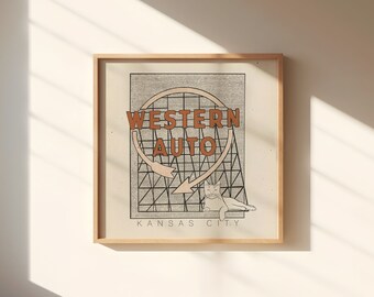 Western Auto Cat || Art Print || Vintage Inspired Art || Inspirational Art || Boho Art Print || Kansas City Skyline