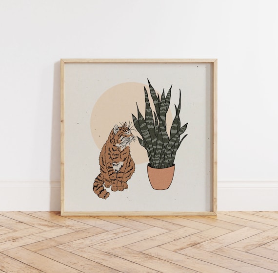 Cat and Snake || Art Print || Vintage Inspired Art || Inspirational Art ||  Boho Art Print || Orange Tabby Planter Planter Tiger Pink - Etsy