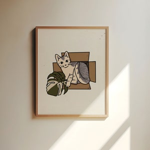 Pasuje || Wydruk artystyczny || Sztuka inspirowana stylem vintage || Sztuka inspirująca || Wydruk artystyczny boho || Kot w tekturowym pudełku