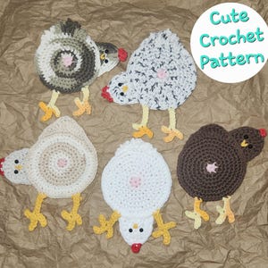 May include: A collection of five handmade crochet chicken patterns in various colors, including white, brown, and gray. Each chicken has yellow feet, a red comb, and a pink breast. The image includes a circular graphic that says "Cute Crochet Pattern."