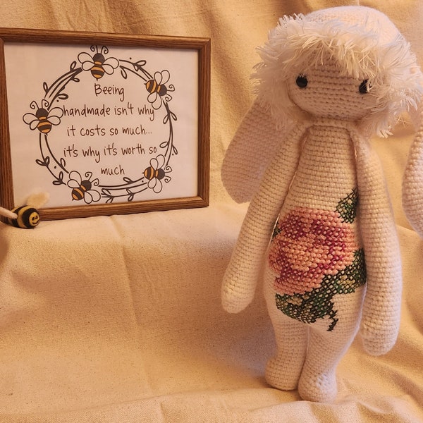 Rose the Bunny, Bunny Rabbit, Amigurumi, stuffed animal, lalylala doll, woodland creature, toy, decoration, gift, rose, flower,