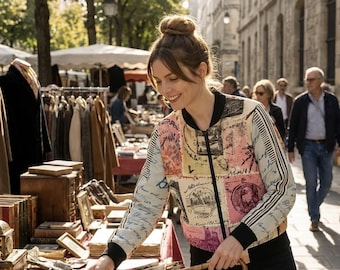 Chaqueta bomber con estampado de sellos vintage: Prenda de abrigo informal de poliéster.