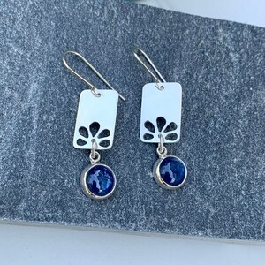 Kyanite and Sterling Silver Flower Earrings, Hand-sawn Flowers with Blue Kyanite Dangles, Kyanite and Silver Flower Earrings