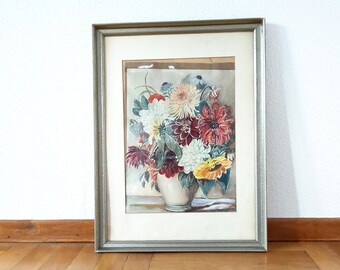 Mid Century Watercolor Painting Flower Picture Original Dahlias Wall Decoration Friendly Interior Warm Colors Gift Bouquet Shabby Frame
