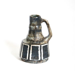 Mid Century Vase Studio Ceramic Graphic Pattern Rectangles with Handle Black White Grey Turquoise MCM Studio Ceramic Vintage Fat Lava