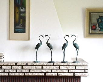 From Euro 90.- Mid Century Flamingos Pair Brass Patinated Guild Turquoise Sculpture Animal Plastic Interior Object 1970s Home Decoration Modern