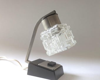 Vintage bedside lamp table lamp plastic metal brushed pressed glass square 70s interior black white furnishings clear sober