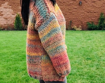 SUNNY Rainbow Chunky Cardigan, Cárdigan de gran tamaño, Jersey de punto a mano, Suéter multicolor, Cárdigan de invierno, Suéter Ombre, Cárdigan a rayas