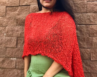 Poncho de algodón de punto rojo de verano, prenda playera estilo bohemio