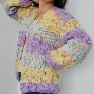 LEELA Alpaca Mohair Cardigan with Balloon Sleeves, Relaxed Fit, Hand Knit, Pastel Cardigan, Colourful Cardigan, Multicolor Cardigan