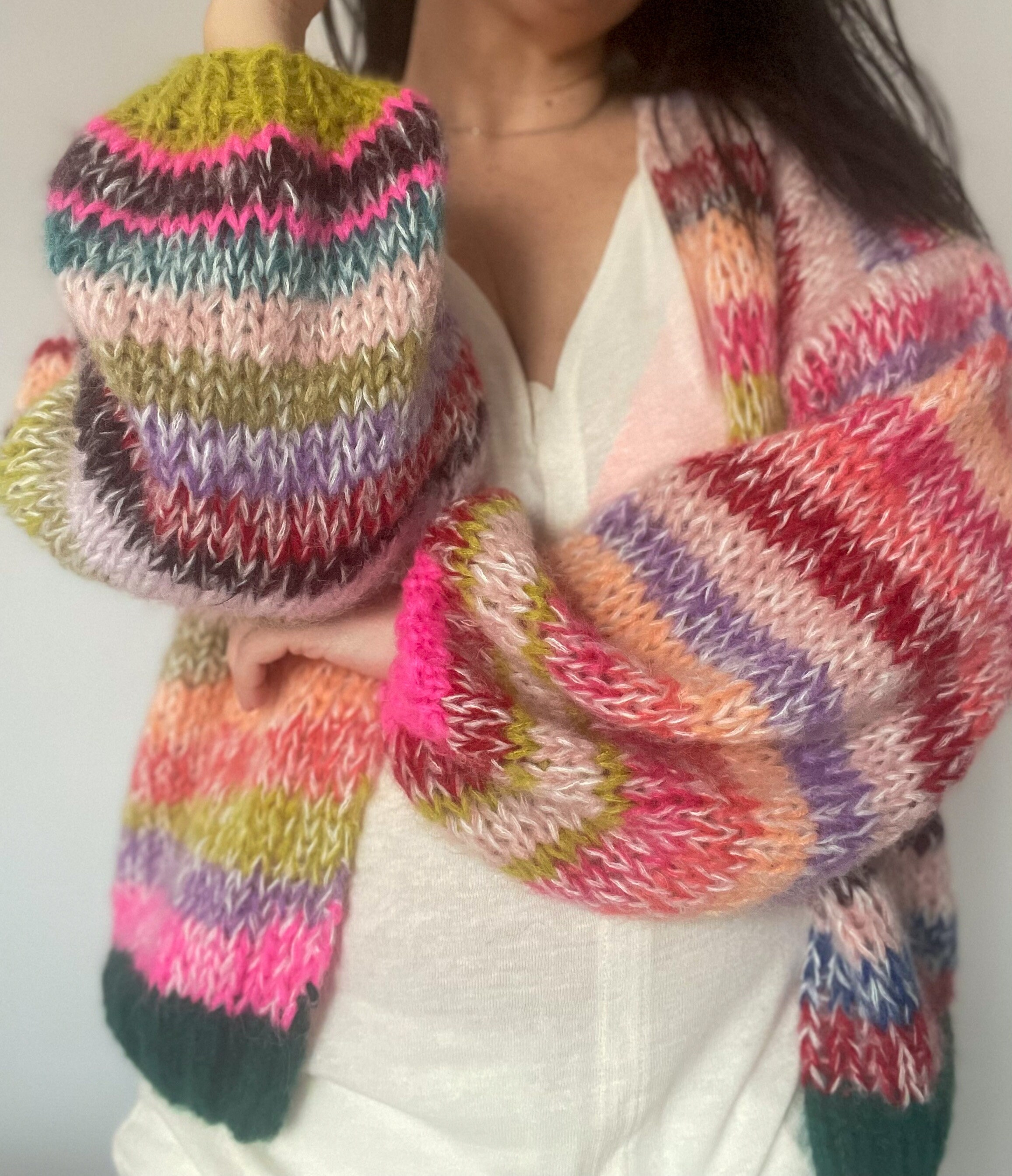 MAY Rainbow Cardigan, Knit Mohair Sweater With Balloon